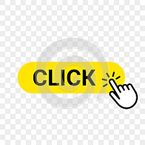 Click web button template vector yellow bar, hand finger click here cursor photo