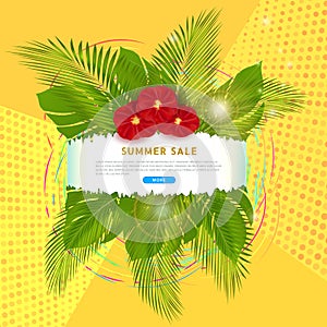 Clickable banner for summer sale with place for text, tropical palm leaves and exotic red flowers on abstract yellow background photo