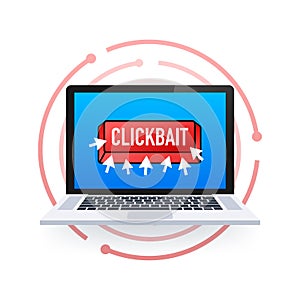 Clickbait red button. Hand click icon symbol. Cursor arrows, push button. Vector stock illustration.
