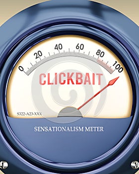 Clickbait and Sensationalism Meter that is hitting a full scale, showing a very high level of clickbait