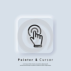 Clicking finger icon, cursor. Hand pointer, clicking icon. Vector EPS 10. Neumorphic UI UX white user interface web button.