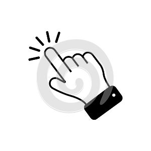 By clicking the finger icon, the hand points to the vector. Pointer click. Cursor arrow icon. Clicking a computer mouse