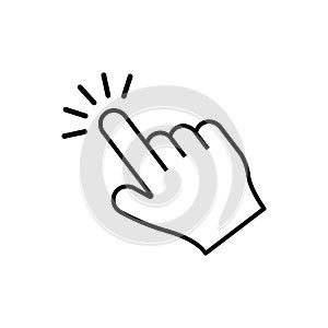 By clicking the finger icon, the hand points to the vector. Pointer click. Cursor arrow icon. Clicking a computer mouse