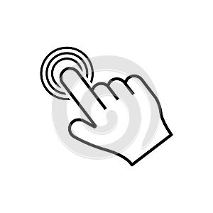 By clicking the finger icon, the hand points to the vector. Pointer click. Cursor arrow icon. Clicking a computer mouse