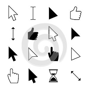 Clicking mouse cursors. Computer finger pointer, arrow click cursor. Web action and choosing icons vector set