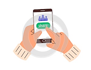 Clicking Share button on phone screen in mobile donation app. Hands holding smartphone, donating using charity