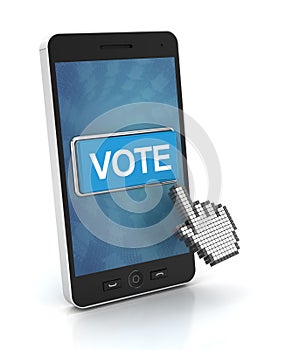 Clicking the vote button on a smartphone, 3d render photo