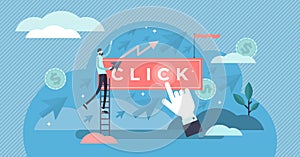 Clicks vector illustration. Flat tiny pay per marketing persons concept.