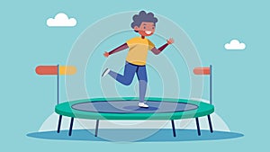 A client bounces on a trampoline while playing a game with a the helping to improve coordination and response to photo