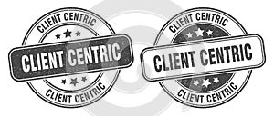 Client centric stamp. client centric label. round grunge sign