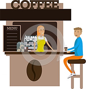 Client at coffee shop street booth vector icon isolated on white