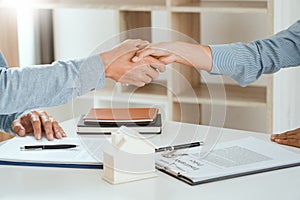 Client customer handshake together for successful deal to buy insurance services make sale purchase deal agreement take bank loan