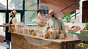 Client entering local organic shop