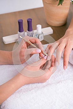 Client and manicurist in manicure salon