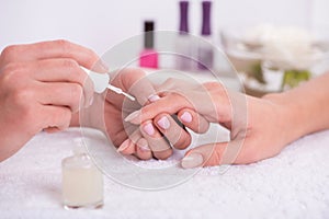 Client and manicurist in manicure salon