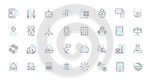 Client relations linear icons set. Trust, Communication, Satisfaction, Service, Relationship, Loyalty, Understanding