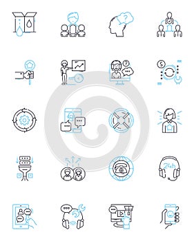 Client relations linear icons set. Trust, Loyalty, Communication, Partnership, Satisfaction, Responsiveness, Cooperation