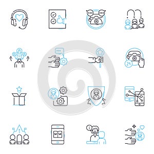 Client relations linear icons set. Trust, Loyalty, Communication, Partnership, Satisfaction, Responsiveness, Cooperation