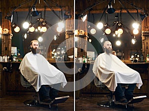 Client`s male appearance changing in barber shop. Advantage of visiting professional hairdressing salons. Portrait photo