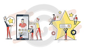 Client`s Review, Customer Feedback, User`s Comment or Satisfaction Level. Portraits of three people and evaluation stars