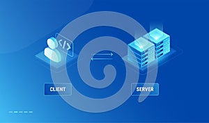 Client server connection model diagram - technology isometric infographics