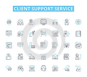 Client support service linear icons set. Satisfaction, Assistance, Communication, Feedback, Resolution, Helpfulness