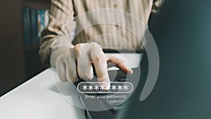 Client is typing password to access data, security verification concept for login, secure for Internet user