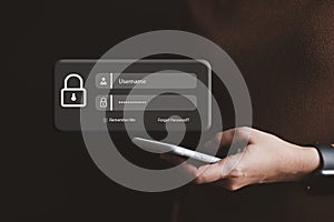 Client is typing password to access data, security verification concept for login, secure for Internet user