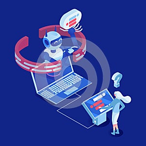 Client use chatbot vector isometric illustration. Office employee working with digital display 3d cartoon character photo