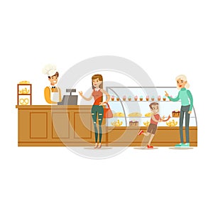 Clients Choosing And Buying Pastry At The Cashier Of The Bakery Shop Vector Illustration