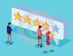 Clients choosing satisfaction rating and leaving positive review. Character and five star feedback. Flat isometric vector style