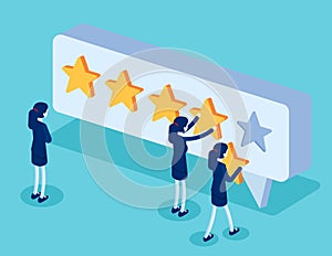 Clients choosing satisfaction rating and leaving positive review. Character and five star feedback. Flat isometric vector style