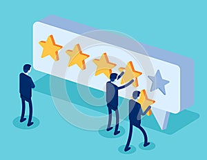 Clients choosing satisfaction rating and leaving positive review. Character and five star feedback. Flat isometric vector style