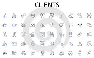 Clients line icons collection. Diverse, Expansive, Multinational, Integrated, Ecclectic, Merged, Considerable vector and