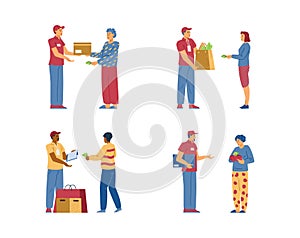 Clients paying by cash for delivery, flat vector illustration set isolated.
