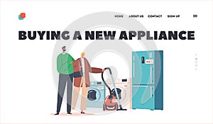 Clients Purchase Home Appliances Landing Page Template. Couple Choose Fridge and Vacuum Cleaner in Electronics Store