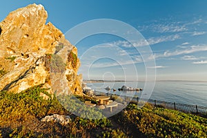 Cliff access walkway at Shell Beach, Pismo Beach area, California Coastline. Beautiful lighting, golden hour