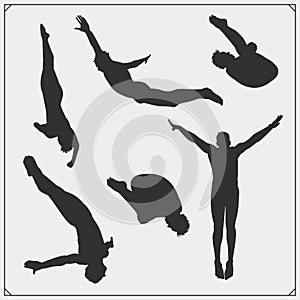 Cliff diving sport emblems, labels and design elements. Diving sport club logos and templates. Divers silhouettes.