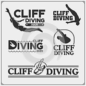 Cliff diving sport emblems, labels and design elements. Diving sport club logos and templates. Divers silhouettes.