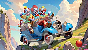 Cliff dropoff country road hazard clowns family trip photo