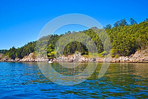 Cliff and forest in front of sea, with a boat diving. Cies islands, Galicia, Spain