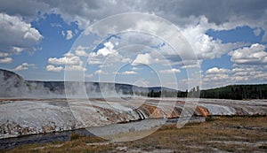 Cliff Geyser next to Iron Spring Creek in Black Sand Geyser Basin in Yellowstone National Park in Wyoming USA