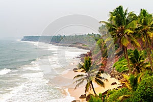 Cliff with Laccadive Sea and Varkala beach in Kerala, India