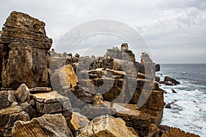 Cliff Rocks, Foggy Landscape of Portugal. Rocky ocean shore