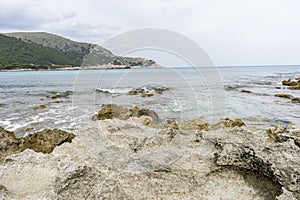 Cliff, Rocks by the Mediterranean sea on the island of Ibiza in