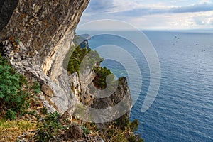 Cliff sea coast from Muzzerone mountain. Portovenere or Porto Venere town on Ligurian coast. Italy