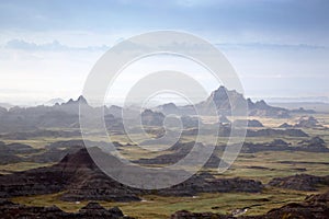 Cliff Shelf Trail Morning Fog, Badlands National Park, South Dakota photo