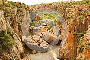 Cliff sof canyon with river and green flora