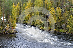 Cliff, stone wall, forest, waterfall and wild river view in autumn.