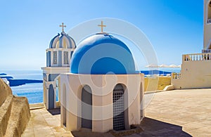 Cliff top Santorini catholic church of St. Mark the Evangelist Greece